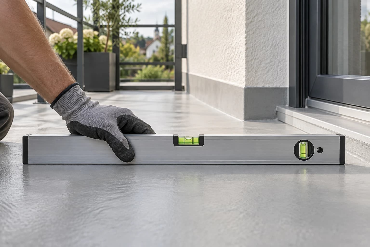 Behandschuhte Hand hält eine Aluminiumwasserwaage auf fertigem grauen Balkonboden neben einer Türschwelle.