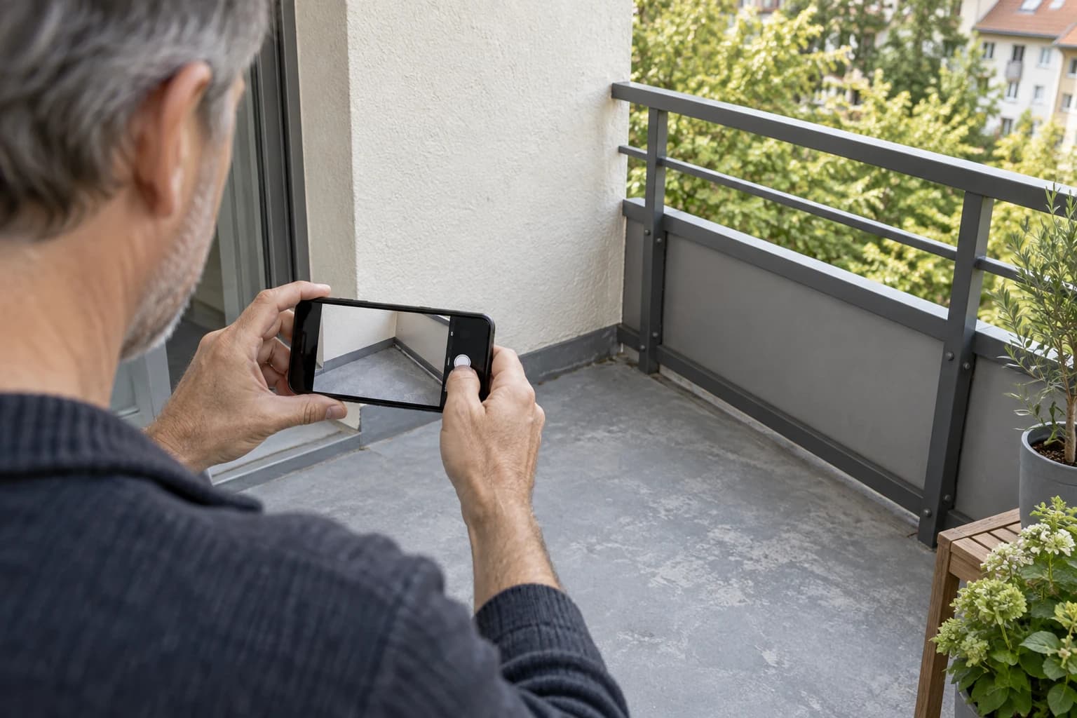 Person fotografiert Balkonboden und Wandanschluss mit einem Smartphone; dahinter ein Metallgeländer.