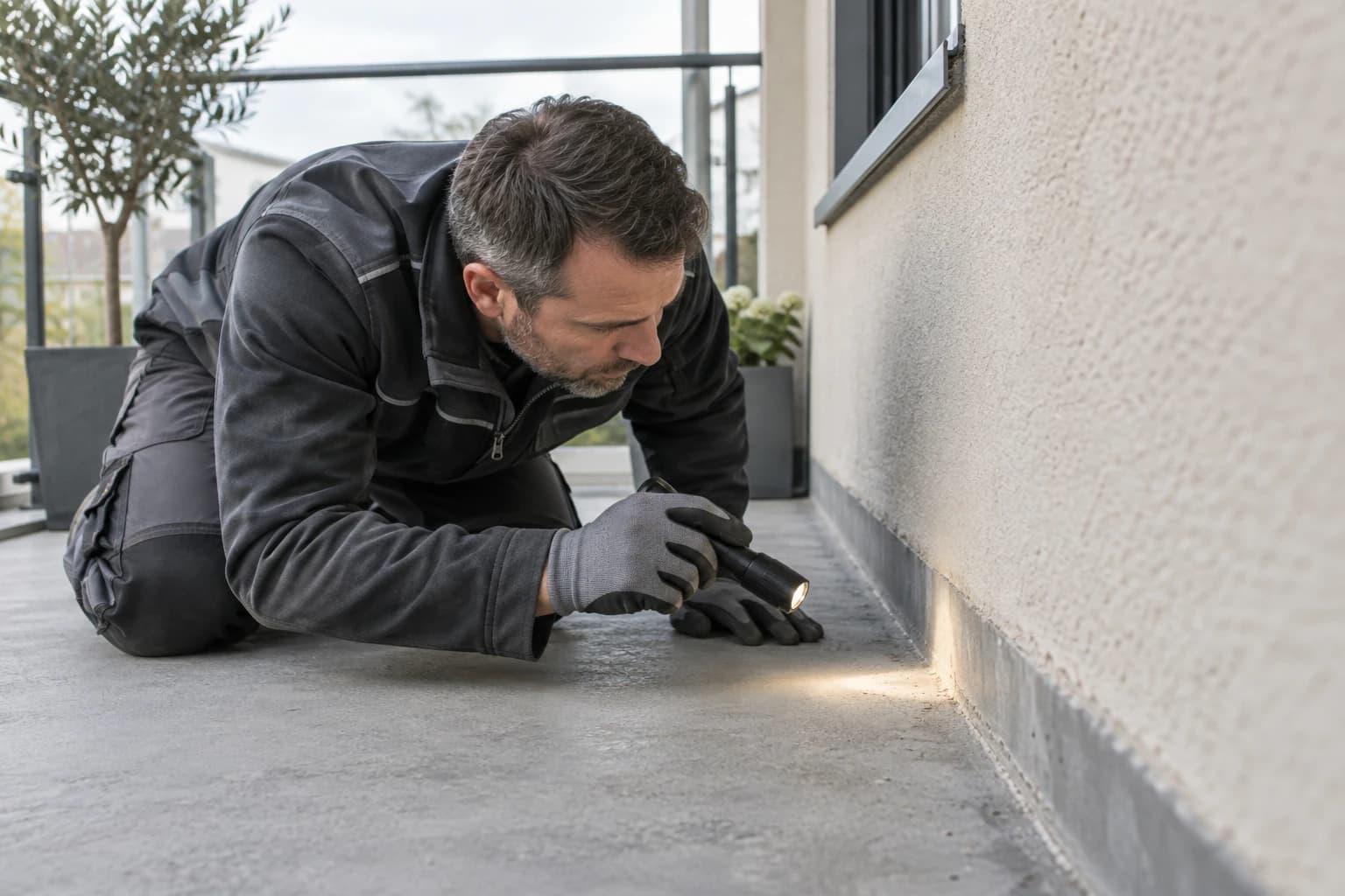Kniender Handwerker untersucht den Boden-Wand-Anschluss eines Balkons mit einer Taschenlampe.