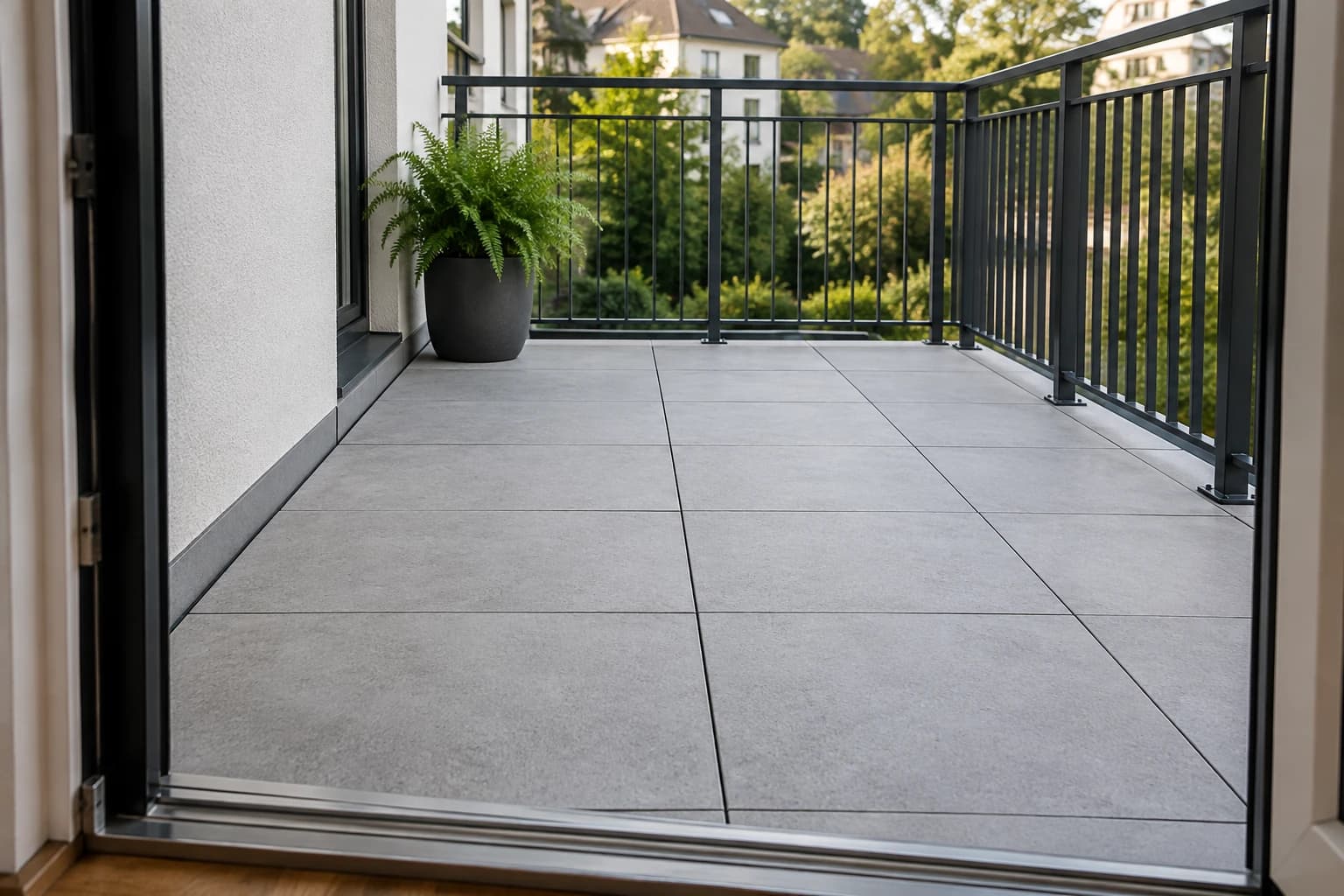Großformatige graue Bodenplatten auf einem Balkon mit Metallgeländer und Topfpflanze.