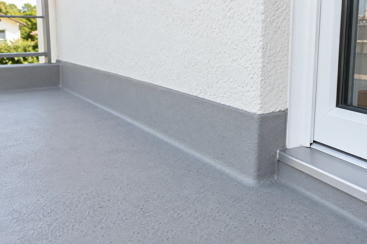 Grauer Boden-Wand-Anschluss mit hochgeführter Abdichtung neben einer Balkontür.