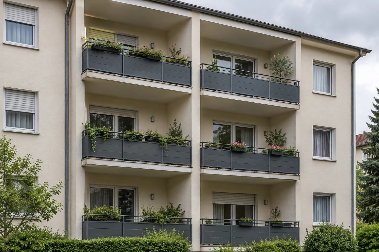 Mehrfamilienhaus mit übereinanderliegenden Balkonen, dunklen Geländern und Pflanzkästen.