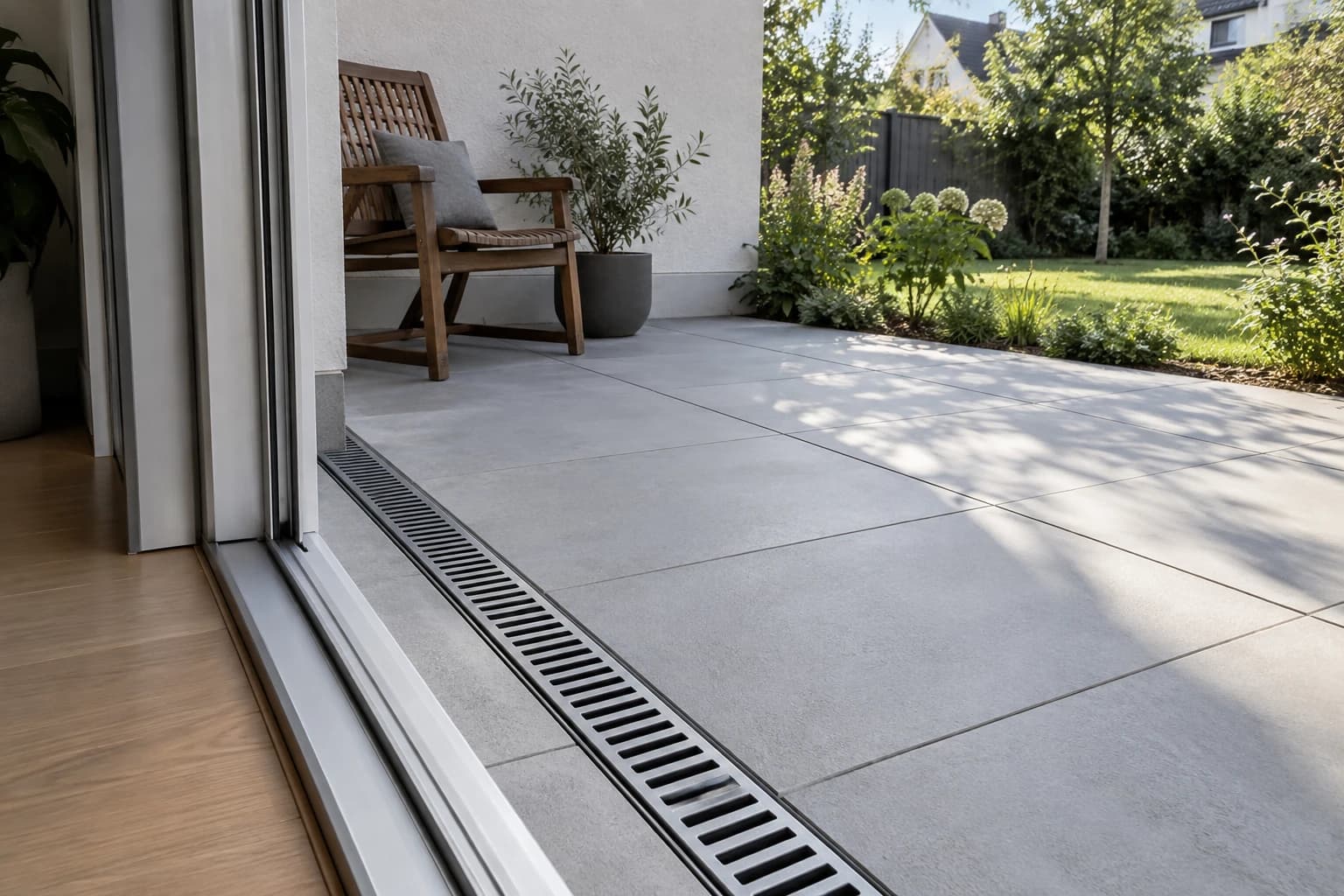 Terrassenplatten mit einer Entwässerungsrinne vor der Türschwelle und Blick in den Garten.
